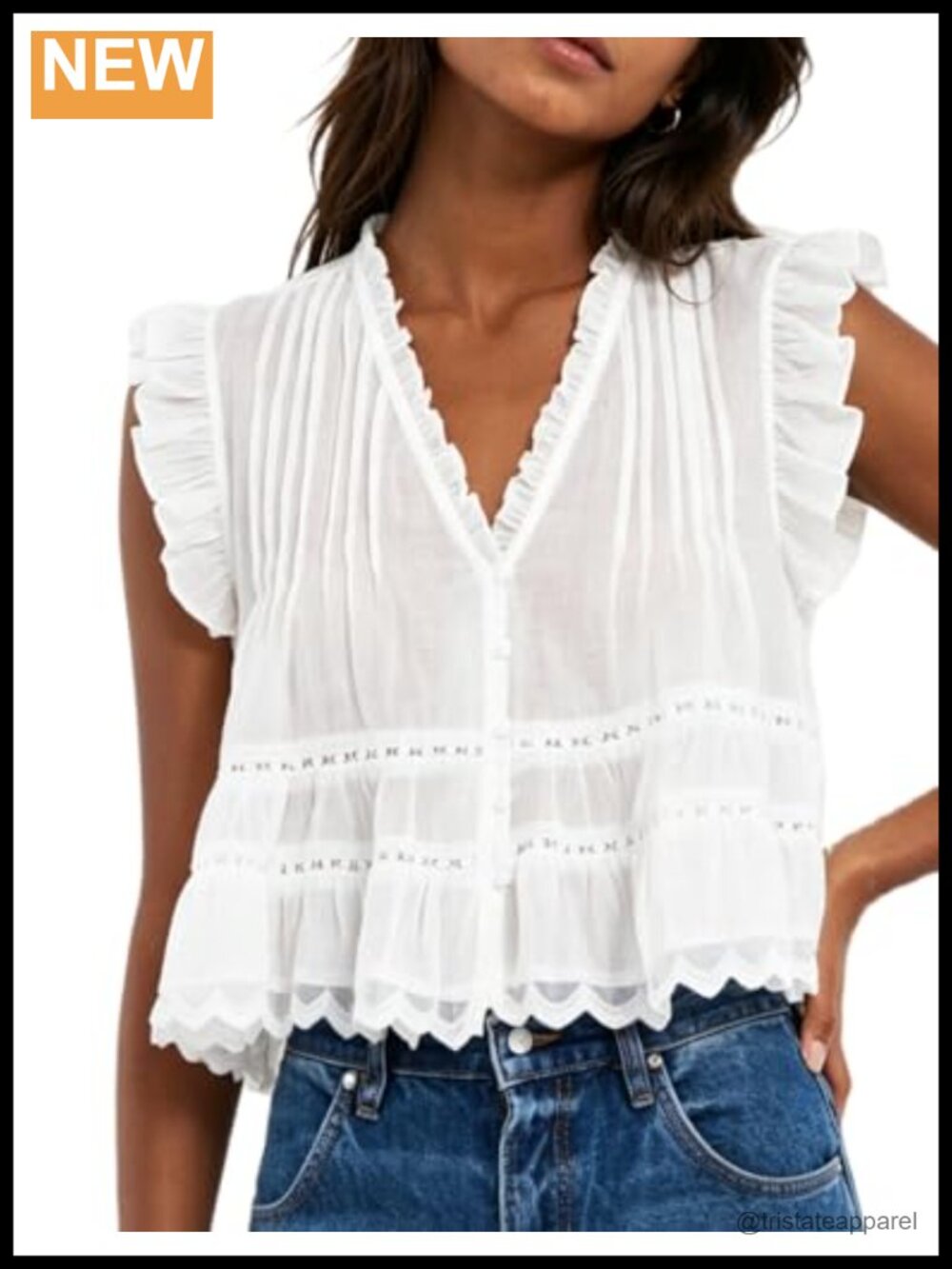 Ruffle V-Neck Babydoll Tank Top, Semi Sheer Lace Flowy Peplum Boho Crop Shirt